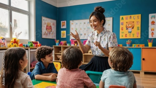 front view woman teaching kids in kindergarten