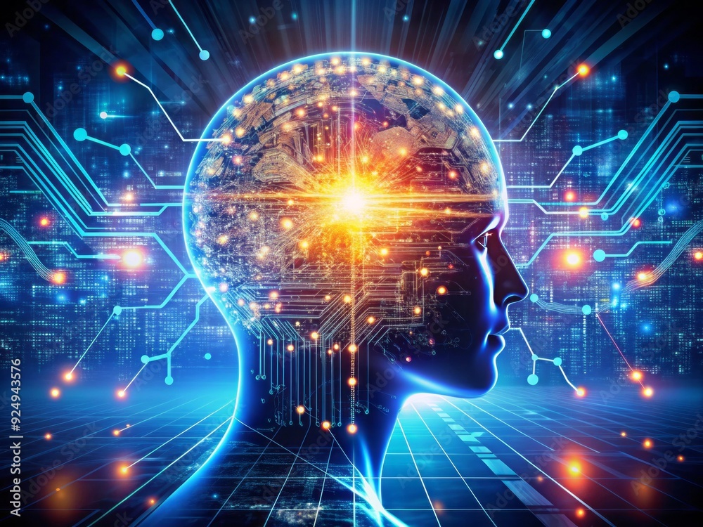 Obraz premium Futuristic artificial intelligence concept features digital data streams and machine learning algorithms operating within a complex cyber system, illuminating the path to a technological future.