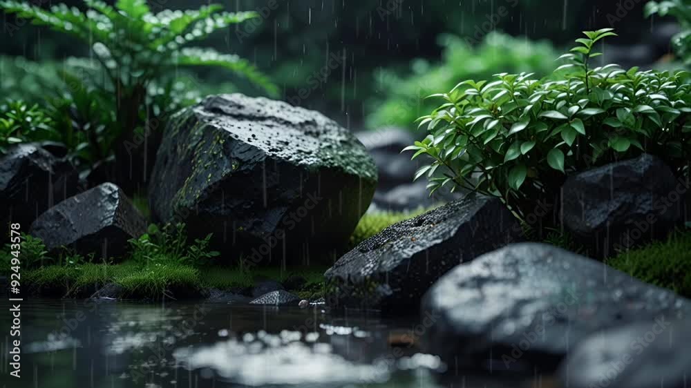rocks wet from rain in the middle of the forest with a bokeh background, seamless looping 4k video animation background rocks wet from rain in the middle of the forest with a bokeh background, seamless looping 4k video animation background