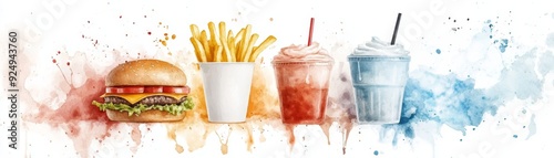 A vibrant splash of food and drink including a burger, fries, smoothie, and milkshake, perfect for culinary creativity. photo