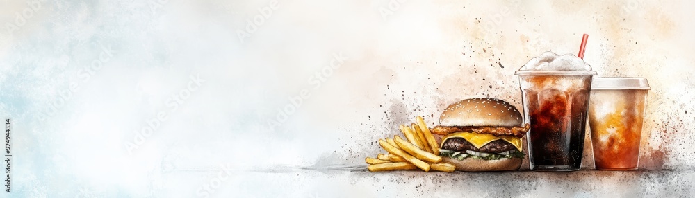 Delicious burger with fries and refreshing drinks, perfect for any fast food craving or casual dining occasion. Delicious burger with fries and refreshing drinks, perfect for any fast food craving or casual dining occasion.