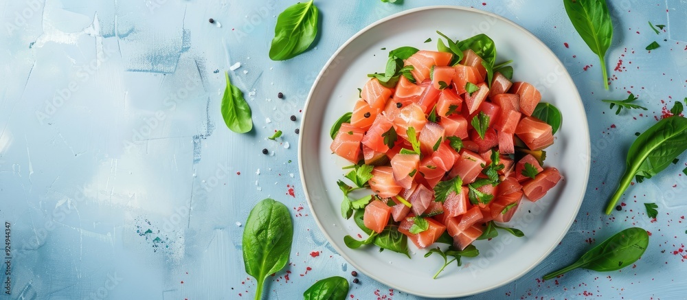 Tuna tartare with watermelon and greens on a light blue background Top view copy space Tuna tartare with watermelon and greens on a light blue background Top view copy space