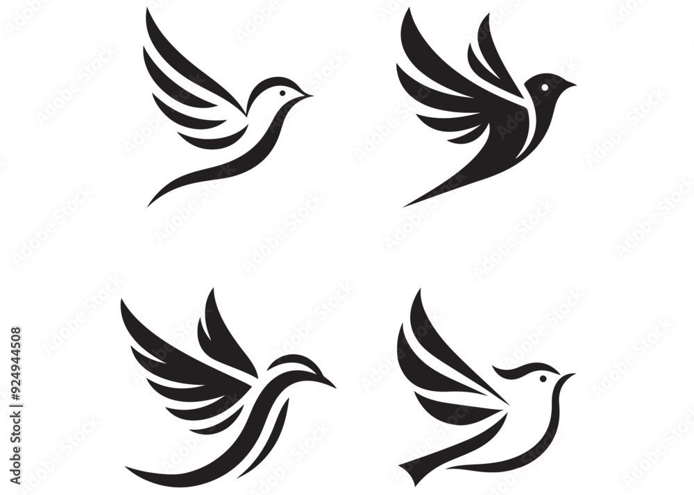 Obraz premium bird logo design vector, flying bird logo Vector illustration in simple hand drawn, bird logo design, minimalist logo design, dove of peace bird logo black bird icons set 