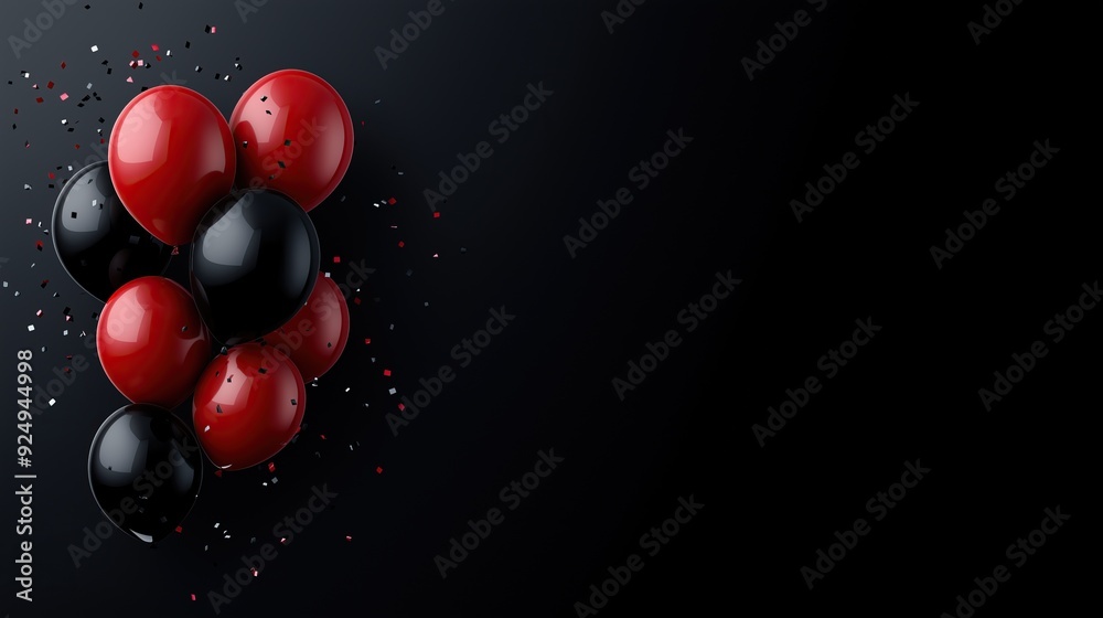 Red and Black Balloons with Confetti on Dark Background for Black Friday Celebration with copy space for text Red and Black Balloons with Confetti on Dark Background for Black Friday Celebration with copy space for text