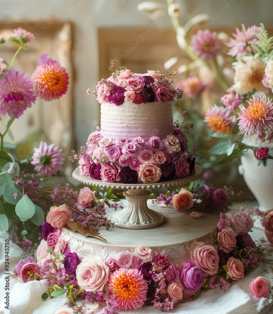 Wedding cake fully with dense floral roses bright shades pink vintage cake stand, light background Wedding cake fully with dense floral roses bright shades pink vintage cake stand, light background