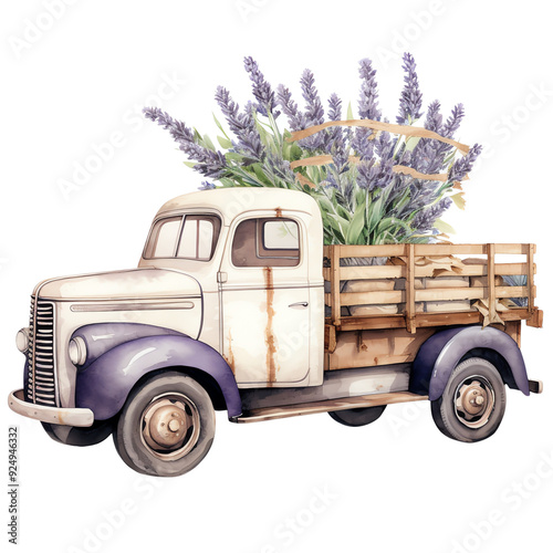Vintage truck filled with blooming lavender flowers. Perfect for themes of nostalgia, farming, nature, and floral arrangements.