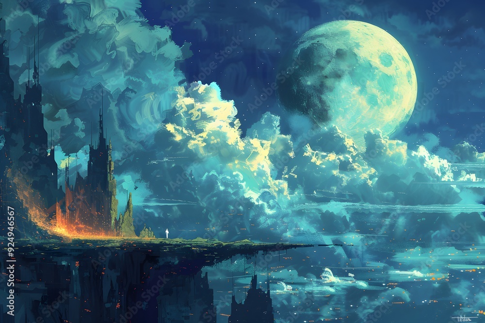Fantasy Landscape with Floating Island and Moon. Fantasy Landscape with Floating Island and Moon.