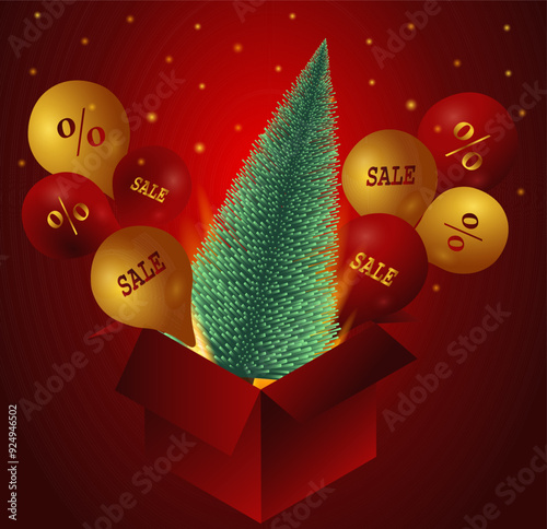 New Year Sale 2025. Gift magic open 3d box with Christmas tree, golden rays, balloons and flying magic dust for New Year Sale. Graphic elements for your design. Vector illustration.