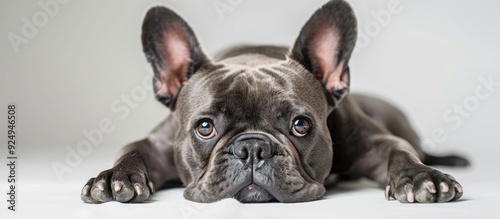 Gray colored French bulldog portrait in a studio lying on a white background and gazing at the camera. with copy space image. Place for adding text or design
