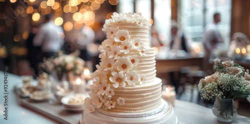 Luxury white floral wedding cake elegantly decorated flowers elegantly set table desserts flowers
