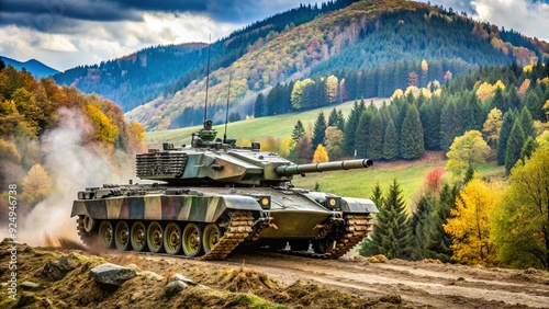 A powerful Polish Land Forces tank navigates rough terrain, its camouflage paint blending seamlessly into the rolling hills and forests of the European countryside landscape. photo