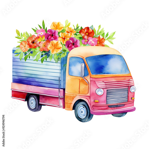 Wallpaper Mural Colorful watercolor truck with vibrant flowers in the back, perfect for spring or summer themed designs. Torontodigital.ca