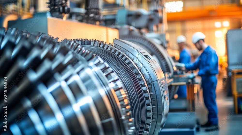 Close-up of industrial machinery with engineers working in the background inside a manufacturing facility.