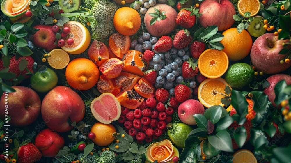Illustration of a 3D render featuring fruits and veggies arranged in the shape of a heart, background filled with vibrant, healthy tones Illustration of a 3D render featuring fruits and veggies arranged in the shape of a heart, background filled with vibrant, healthy tones