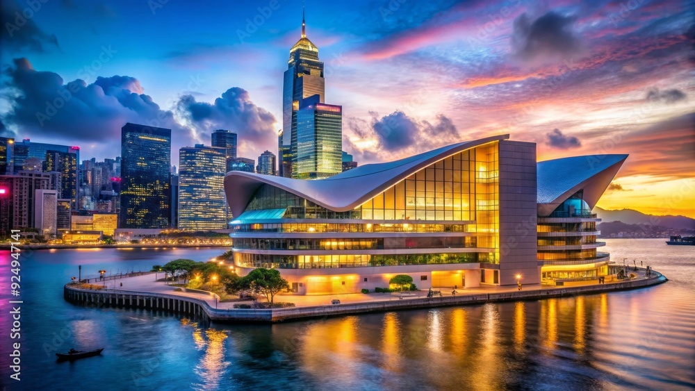 Fototapeta premium Majestic cultural hub situated on Victoria Harbor's waterfront, featuring a grand concert hall, studio theatre, and gallery, showcasing stunning architecture and vibrant decorative designs.