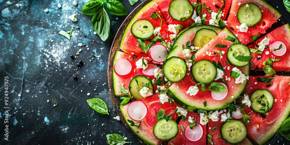 Fresh Watermelon Pizza Salad with Feta Cheese Cucumber and Radish Healthy Raw Vegan Summer Meal Top View with Copy Space Fresh Watermelon Pizza Salad with Feta Cheese Cucumber and Radish Healthy Raw Vegan Summer Meal Top View with Copy Space