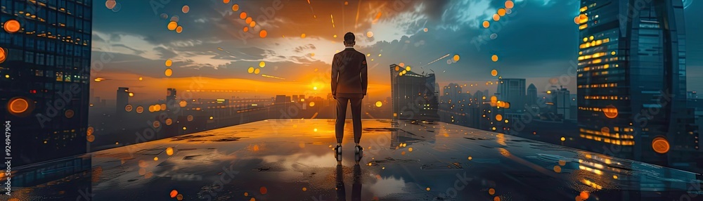 Fototapeta premium A silhouette of a person stands on a rooftop, gazing at a vibrant sunset over a modern cityscape with shimmering lights.