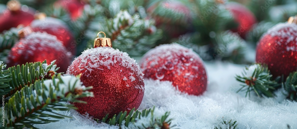 Shiny red round toys on delicate fluffy spruce green branches against a snowy background. with copy space image. Place for adding text or design Shiny red round toys on delicate fluffy spruce green branches against a snowy background. with copy space image. Place for adding text or design