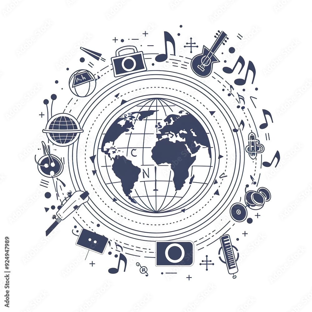 Obraz premium a globe surrounded by connected music notes and musical instruments, vector style, single color, simple lines ,generative ai