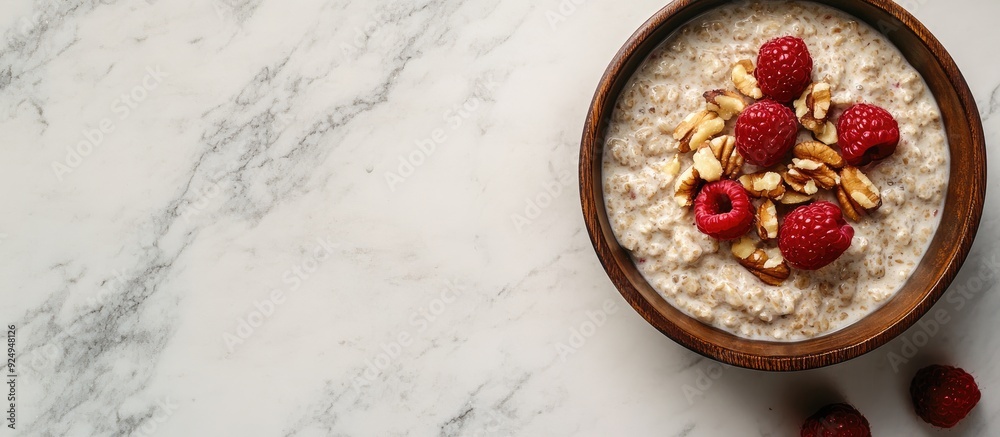 oatmeal topped with nuts and raspberries. with copy space image. Place for adding text or design oatmeal topped with nuts and raspberries. with copy space image. Place for adding text or design