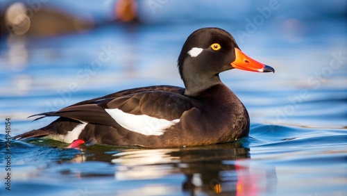 A small to medium-sized duck, white-winged scoter swims in calm water, distinctive white wing patches visible, with a black body and orange beak. photo