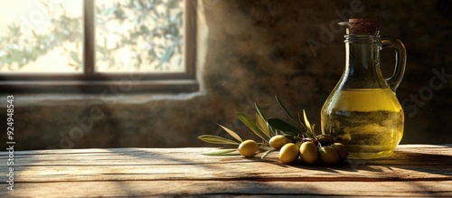 Olive oil and olives on a w...