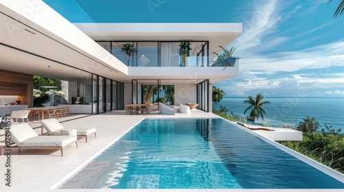 Ocean view, luxury home, Clean, Contemporary, Modern. Generative AI.