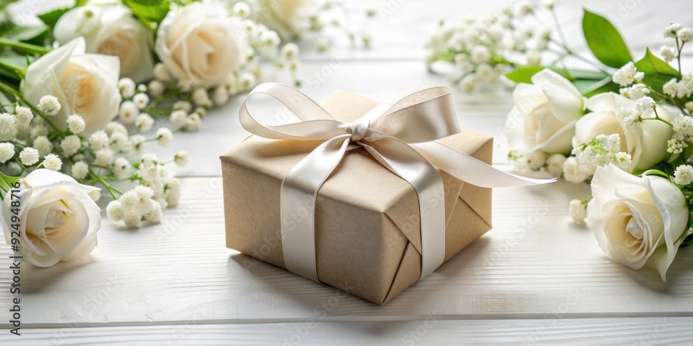 Elegant gift box wrapped in satin ribbon, surrounded by fresh white flowers, rests on a clean white table, creating a serene and celebratory atmosphere.