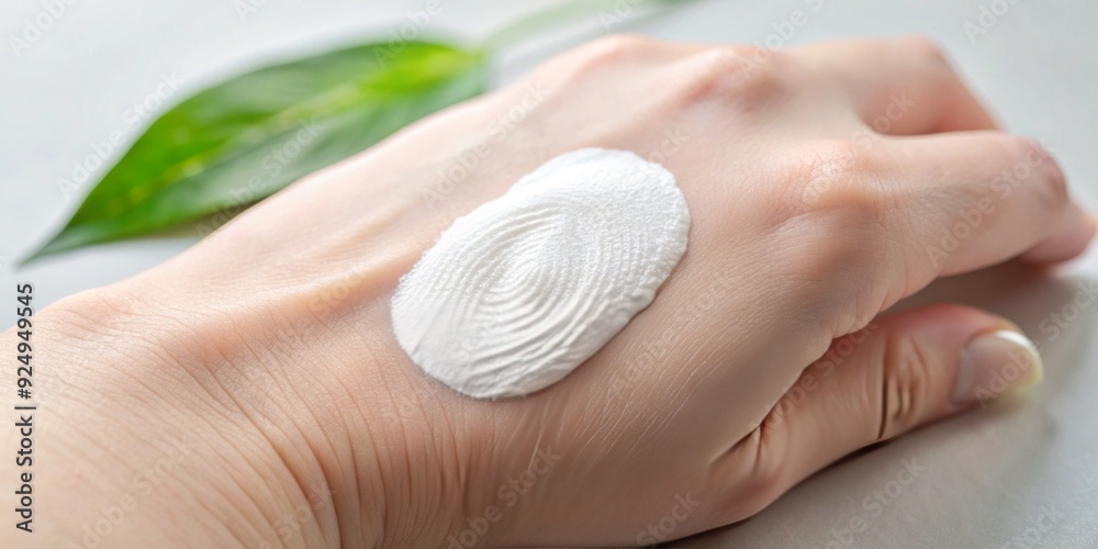 Naklejka premium Soft, white cosmetic smudge on a gentle hand background, with subtle fingerprints and natural skin texture, ideal for beauty, skincare, and makeup product promotions.