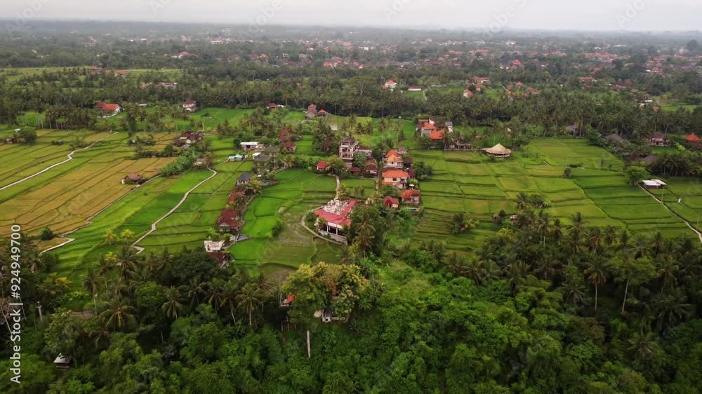 Aerial View of Ubud, Bali: Red Roofs, Palm Trees, and Hotels in Lush Greenery Aerial View of Ubud, Bali: Red Roofs, Palm Trees, and Hotels in Lush Greenery