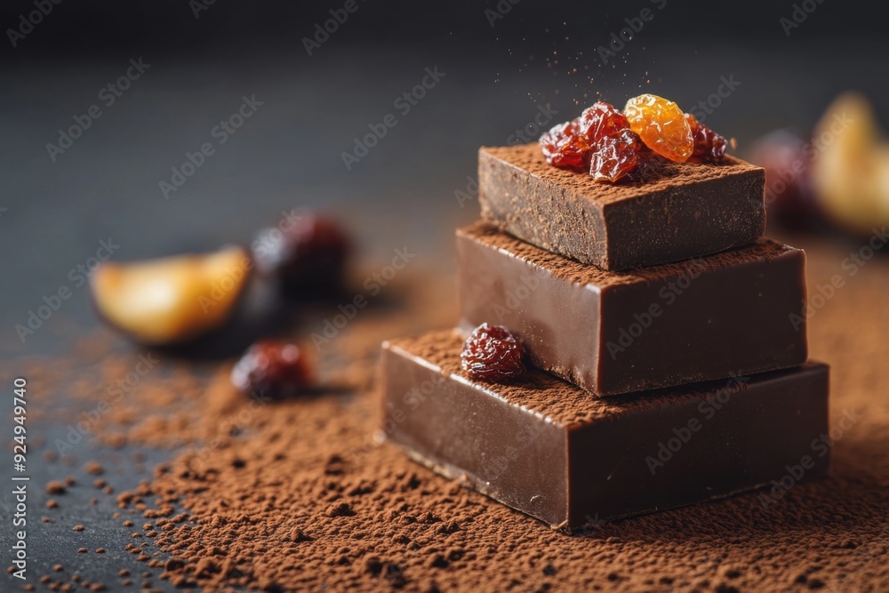 Gourmet chocolate squares topped with dried fruits arranged artistically on a textured surface Gourmet chocolate squares topped with dried fruits arranged artistically on a textured surface