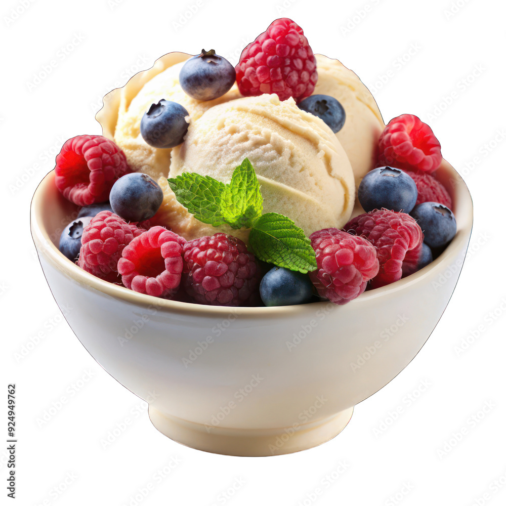 Bowl of creamy ice cream topped with fresh raspberries and blueberries on transparent background Bowl of creamy ice cream topped with fresh raspberries and blueberries on transparent background