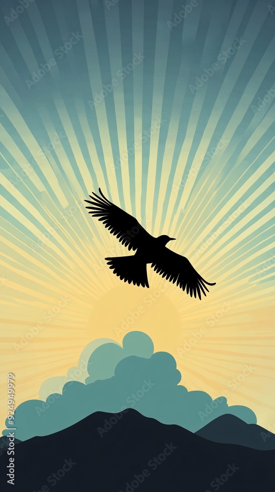 Obraz premium Silhouette of a bird flying above a mountain range with a bright yellow and blue sunset.