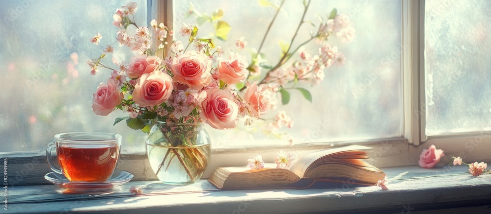 A spring still life featuring a bouquet of roses in a vase a cup of tea and an old book on the windowsill Spring greeting card adorned with spring flowers. with copy space image A spring still life featuring a bouquet of roses in a vase a cup of tea and an old book on the windowsill Spring greeting card adorned with spring flowers. with copy space image