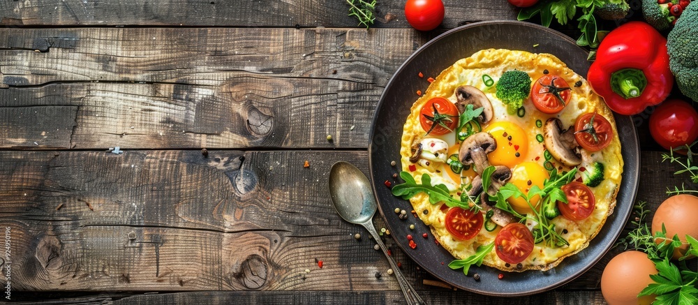 Omelet with mushrooms and vegetables Fried eggs Set against a wooden background Top view Free copyspace Omelet with mushrooms and vegetables Fried eggs Set against a wooden background Top view Free copyspace