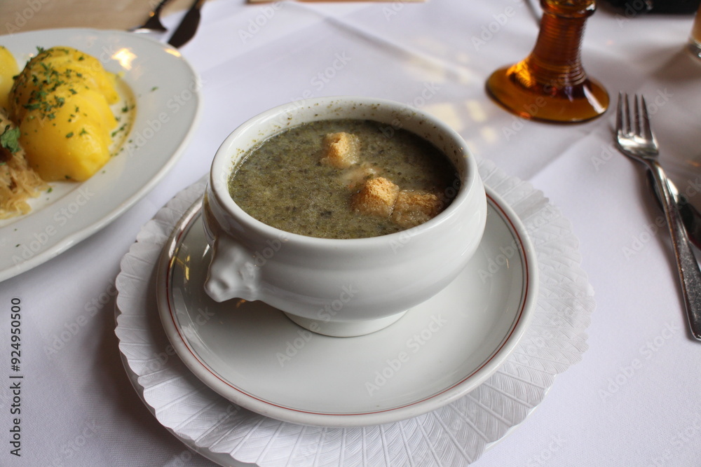 German cuisine: potato soup in Rothenburg ob der Tauber, Germany German cuisine: potato soup in Rothenburg ob der Tauber, Germany