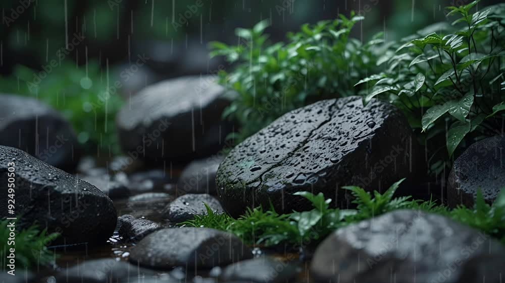 rocks wet from rain in the middle of the forest with a bokeh background, seamless looping 4k video animation background rocks wet from rain in the middle of the forest with a bokeh background, seamless looping 4k video animation background
