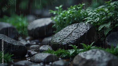 rocks wet from rain in the middle of the forest with a bokeh background, seamless looping 4k video animation background