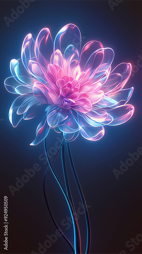 A flower with a purple stem and petals. Transparent neon glowing flower on dark background
