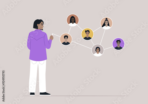 A person stands, engaging with virtual connections among a group of diverse characters depicted through a network diagram in a collaborative digital environment
