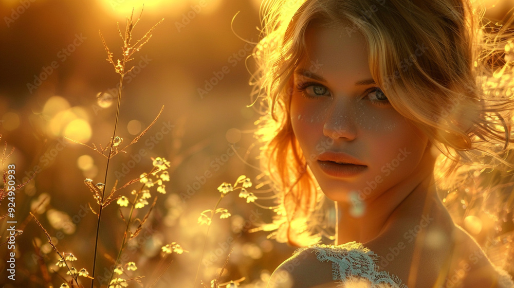 Fototapeta premium Girl in the field of wheat in love and lust, photosession, photoshoot, warm colors, sunkissed