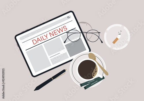 Morning coffee ritual with daily news, A cozy setup featuring coffee, a digital tablet, and stylish accessories set on a minimalist table for a perfect start to the day