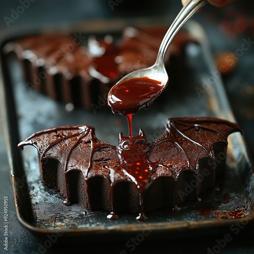 Two vampire chocolate muffin cakes, veins are nourished with the original Bloody Mary syrup recipe for Halloween, a silver spoon is used over the cake cooked in an aluminum pan, decorative art photo