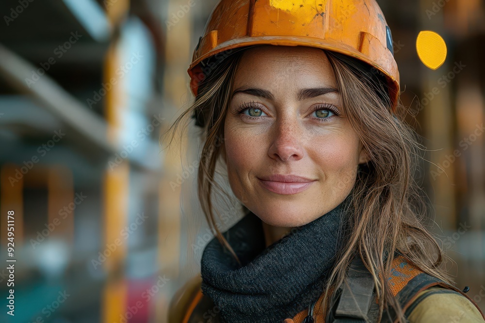 confident middleaged woman in construction gear smirking at camera surrounded by scaffolding and building materials on bustling construction site at golden hour confident middleaged woman in construction gear smirking at camera surrounded by scaffolding and building materials on bustling construction site at golden hour