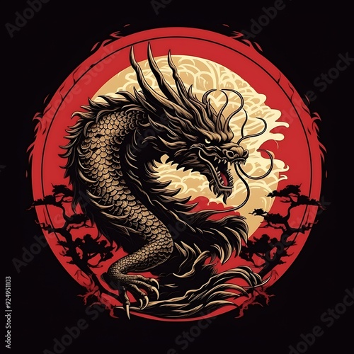 Japanese dragon illustration against a red circular background with clouds and tree silhouettes