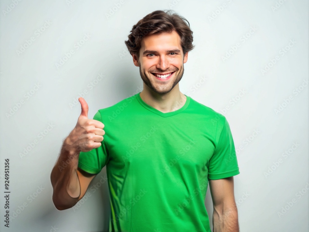 Happy young male gestures thumbs up and points to the side, wearing a vibrant green casual tee, conveying enthusiasm and positivity in a bright setting. Happy young male gestures thumbs up and points to the side, wearing a vibrant green casual tee, conveying enthusiasm and positivity in a bright setting.