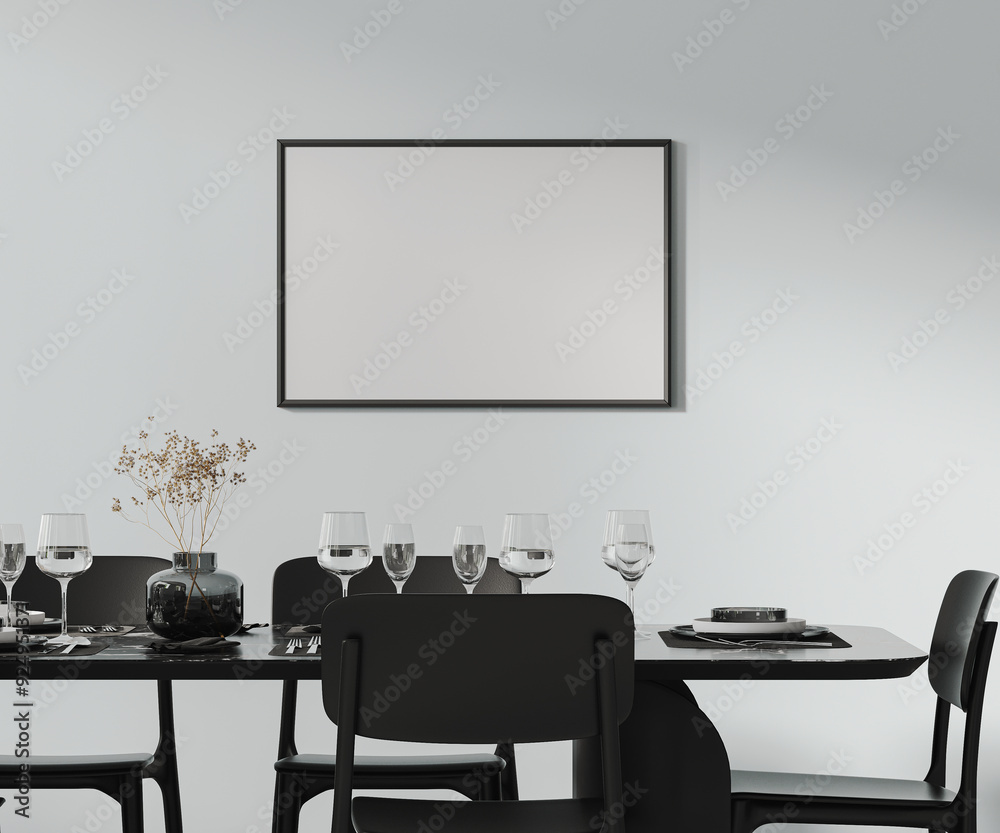 Blank frame mock up above a beautiful dining table setted with cutlery, plates, glasses and decor, black furniture , 3d rendering Blank frame mock up above a beautiful dining table setted with cutlery, plates, glasses and decor, black furniture , 3d rendering