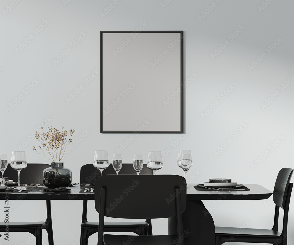 Blank poster frame mock up above a beautiful dining table setted with cutlery, plates, glasses and decor, black furniture , 3d rendering Blank poster frame mock up above a beautiful dining table setted with cutlery, plates, glasses and decor, black furniture , 3d rendering