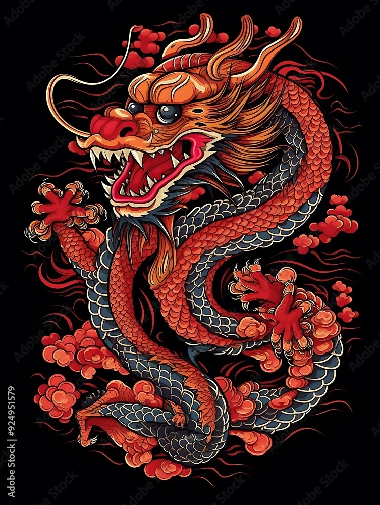 Colorful Asian dragon tattoo design with swirling clouds and dynamic poses Colorful Asian dragon tattoo design with swirling clouds and dynamic poses