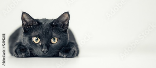 A black cat is crouching with its ears folded. with copy space image. Place for adding text or design photo